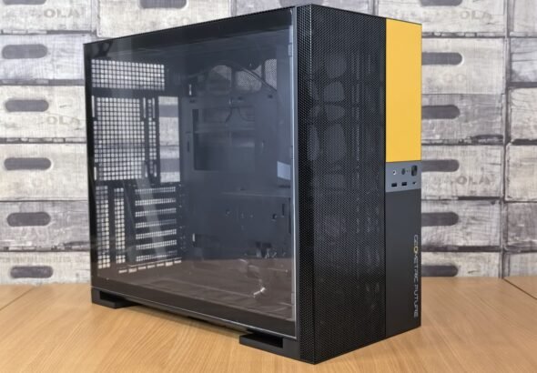 Wide gaming monitor displaying sharp graphics in a dark room