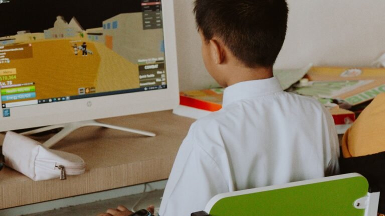 Student playing a browser game on a school computer during free time