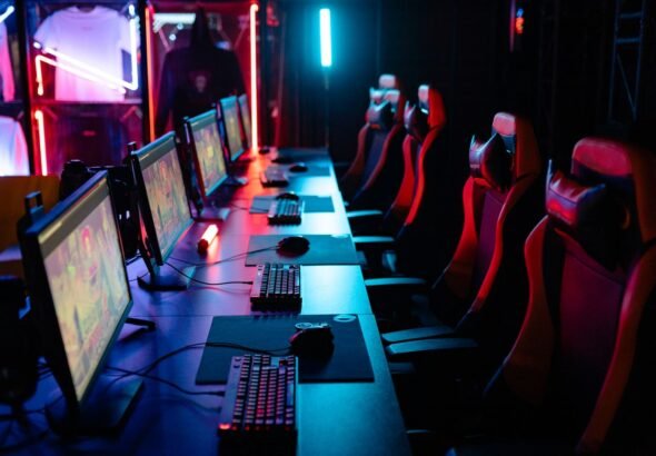 Professional esports team competing together in a tournament