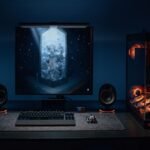 Gaming desktop tower PC with tempered glass panel and RGB lighting