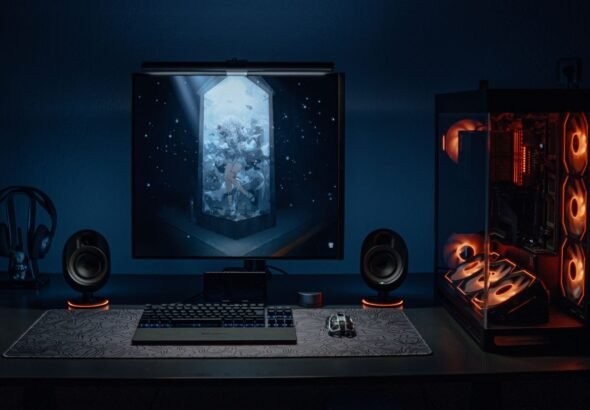Gaming desktop tower PC with tempered glass panel and RGB lighting