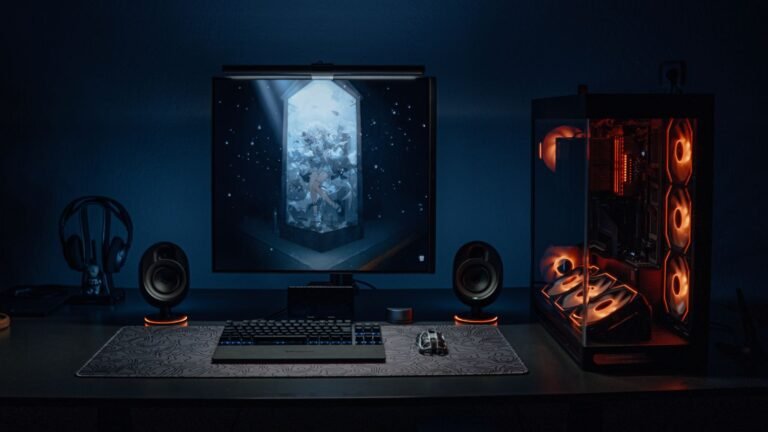 Gaming desktop tower PC with tempered glass panel and RGB lighting