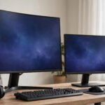 Two gaming monitors side by side comparing 27 inch and 32 inch screen sizes