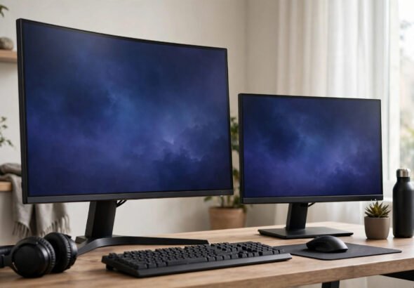 Two gaming monitors side by side comparing 27 inch and 32 inch screen sizes