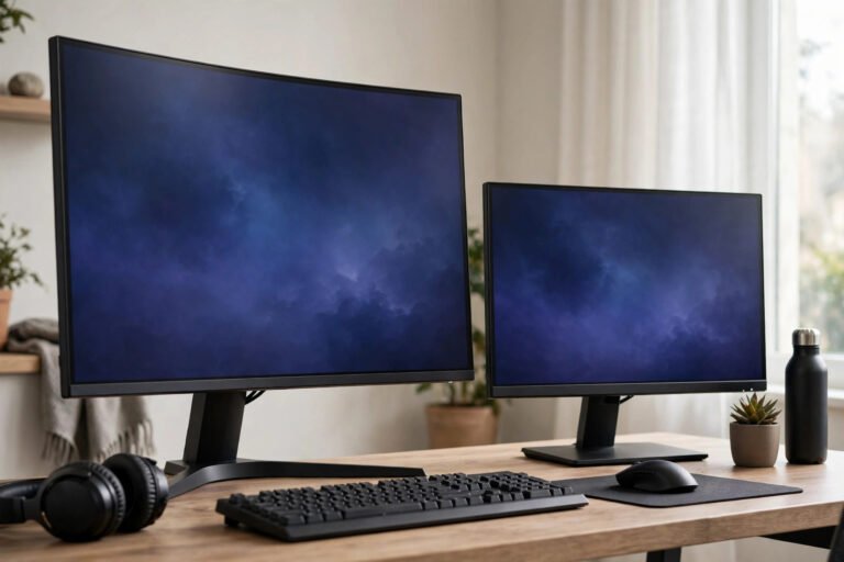 Two gaming monitors side by side comparing 27 inch and 32 inch screen sizes