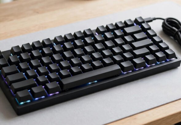 Compact 60% mechanical gaming keyboard with RGB lighting on a desk, ideal for small hands