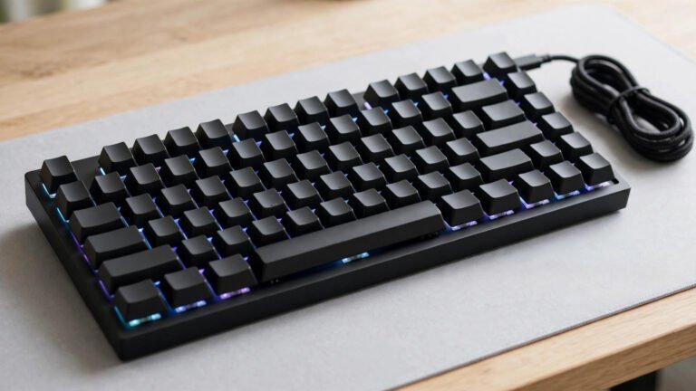 Compact 60% mechanical gaming keyboard with RGB lighting on a desk, ideal for small hands
