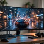 Curved ultrawide gaming monitor on a desk displaying a racing game
