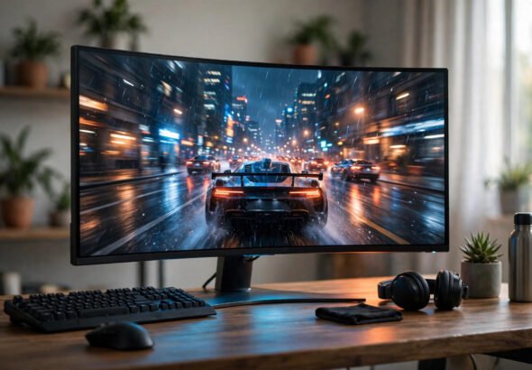 Curved ultrawide gaming monitor on a desk displaying a racing game