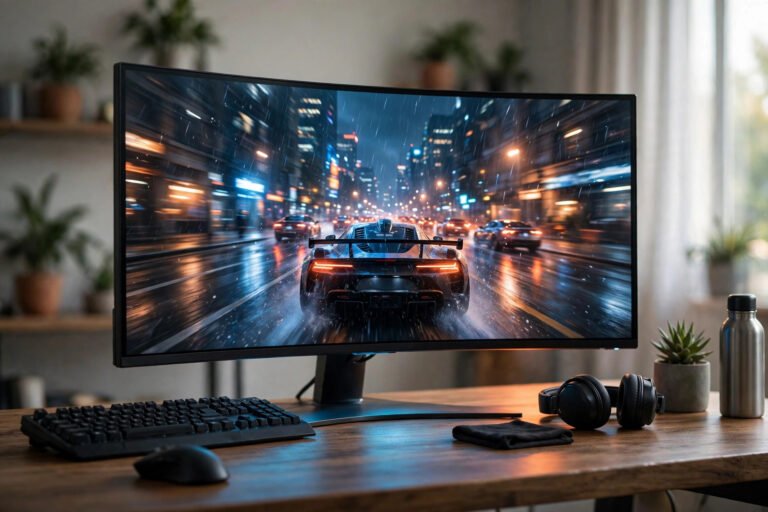 Curved ultrawide gaming monitor on a desk displaying a racing game