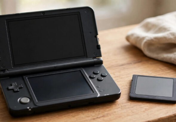Nintendo 3DS handheld console next to a Nintendo DS game cartridge showing backwards compatibility