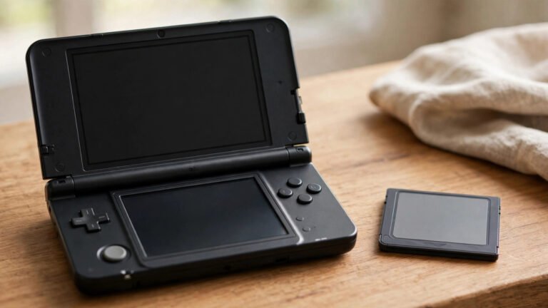 Nintendo 3DS handheld console next to a Nintendo DS game cartridge showing backwards compatibility