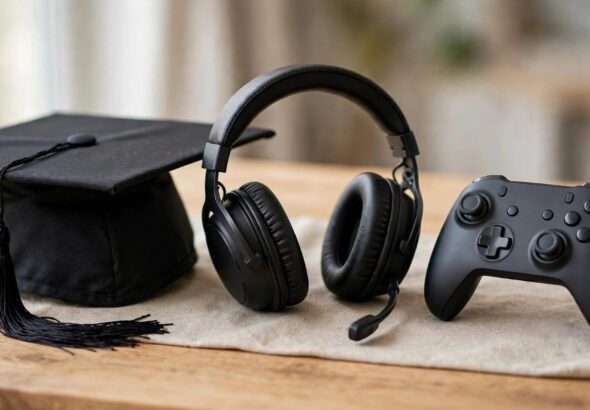Graduation cap with gaming headset representing UK university esports scholarships