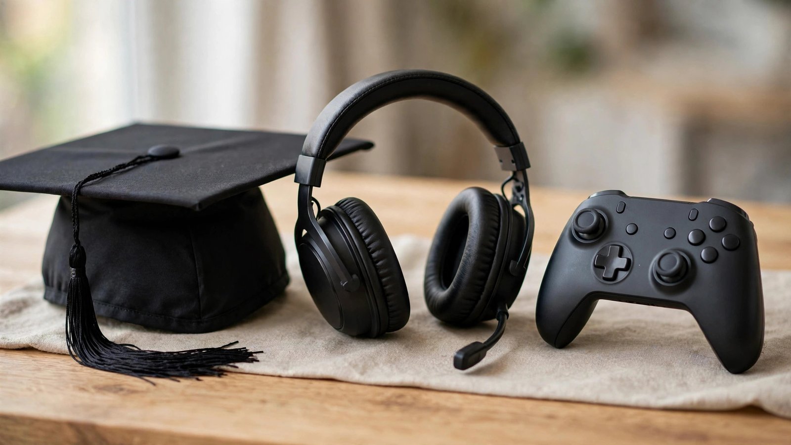 Graduation cap with gaming headset representing UK university esports scholarships