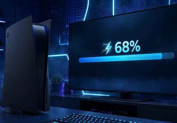 PS5 console downloading a game with a progress bar.