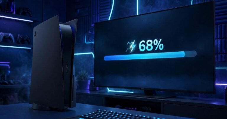 PS5 console downloading a game with a progress bar.