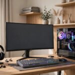 Modern UK gaming setup with a large gaming monitor, mechanical keyboard and RGB PC