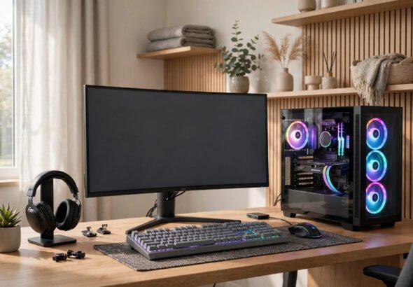 Modern UK gaming setup with a large gaming monitor, mechanical keyboard and RGB PC