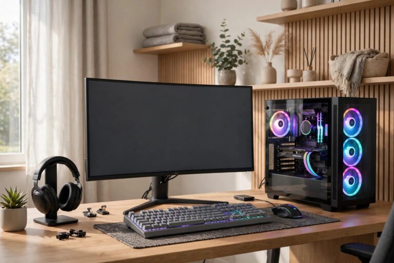 Modern UK gaming setup with a large gaming monitor, mechanical keyboard and RGB PC