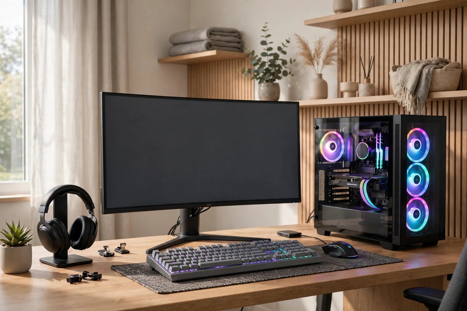 Modern UK gaming setup with a large gaming monitor, mechanical keyboard and RGB PC