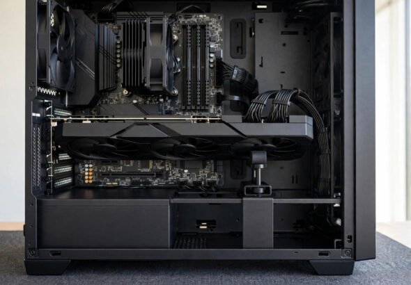 Graphics card supported by an anti-sag bracket inside an open PC case