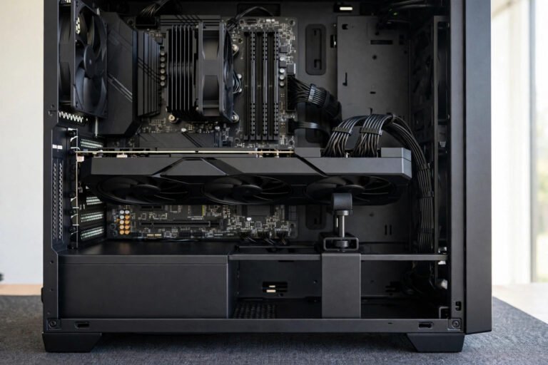 Graphics card supported by an anti-sag bracket inside an open PC case