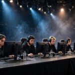 UK esports team competing on stage at gaming PCs under arena lights