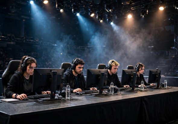 UK esports team competing on stage at gaming PCs under arena lights