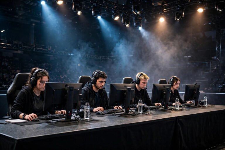 UK esports team competing on stage at gaming PCs under arena lights