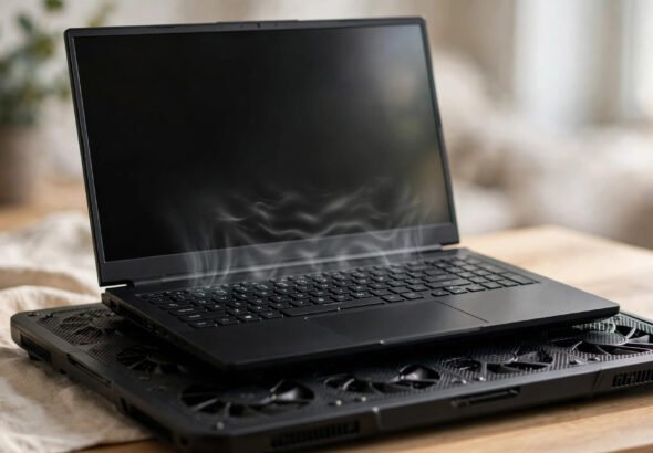 Gaming laptop on a cooling pad showing overheating vents while gaming