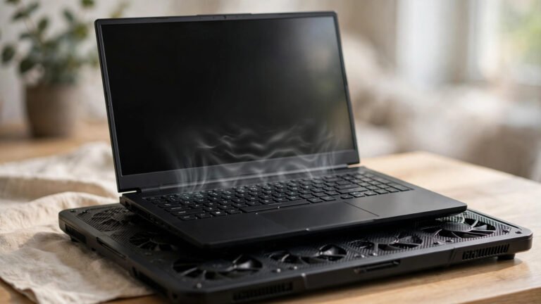 Gaming laptop on a cooling pad showing overheating vents while gaming