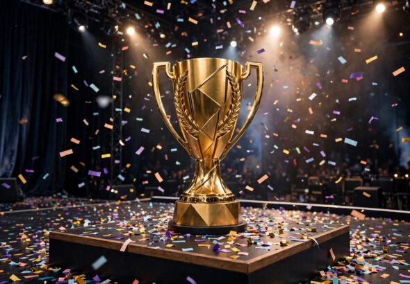 Esports championship trophy on stage representing pro gamer earnings