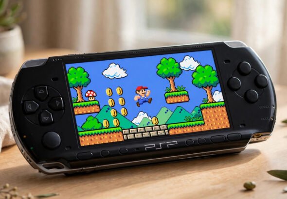 Sony PSP handheld console running a classic PlayStation game