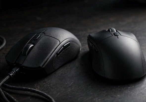 Wireless and wired gaming mice side by side on a dark desk for a latency comparison