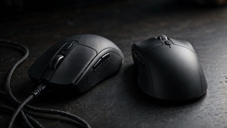 Wireless and wired gaming mice side by side on a dark desk for a latency comparison
