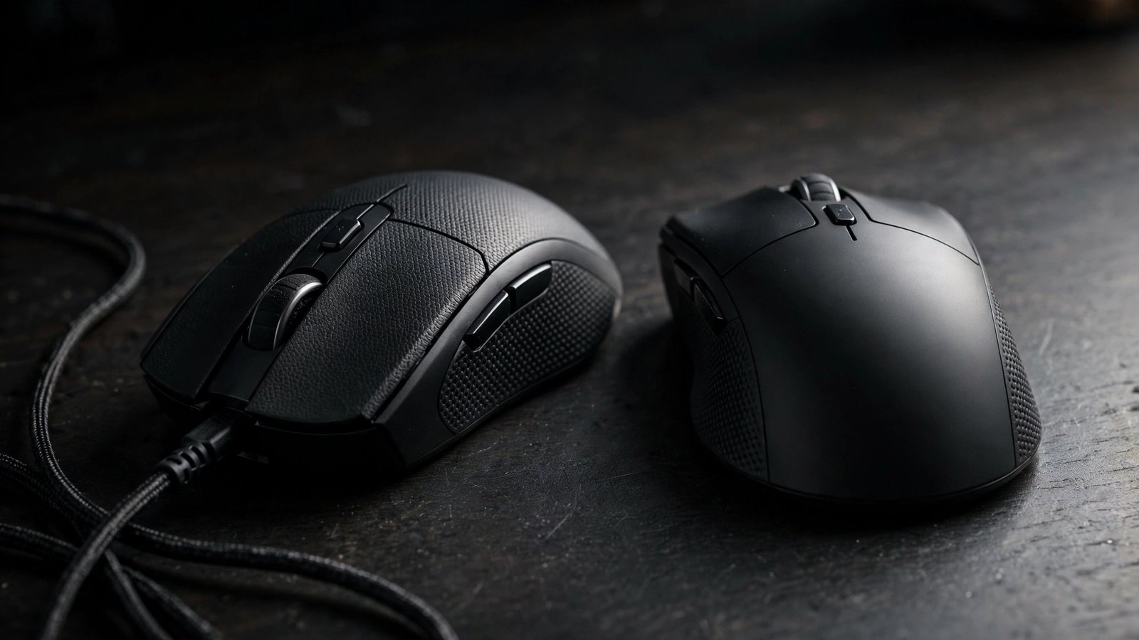 Wireless and wired gaming mice side by side on a dark desk for a latency comparison